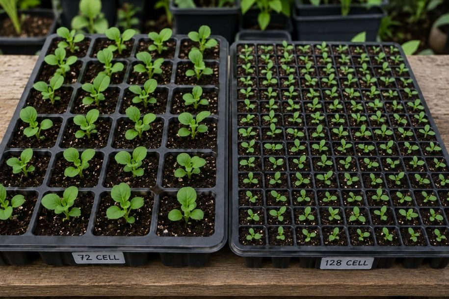 A 72-cell seed tray compared with a 128-cell plug tray containing vegetable seedlings A 72-cell seed tray compared with a 128-cell plug tray containing vegetable seedlings